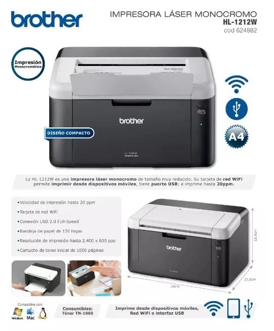 IMPRESORA LASER BROTHER HL-1212W + toner extra