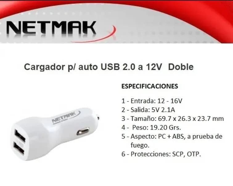 Cargador Doble 12v Usb 2.1a Netmak Nm- ucc2 para auto
